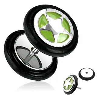 Fake plug do ucha z ocele svietiaci v tme, strieborná farba, vyrezaná hviezda