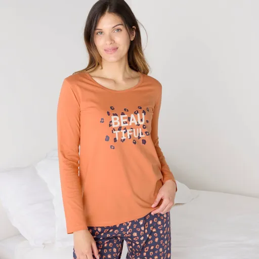 Pyžamové tričko s dlhými rukávmi a stredovou potlačou Beautiful