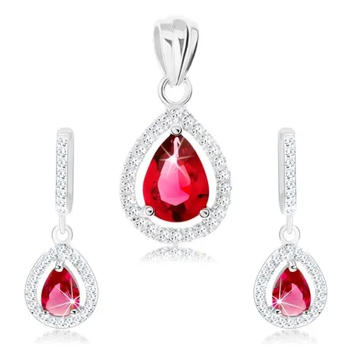 Set zo striebra 925 - náušnice a prívesok, červená zirkónová slza s lemom