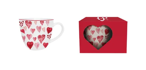 DUO - Hrnček 460ml HEARTS 1, biely a červené srdcia v darčekovej krabičke, porcelán