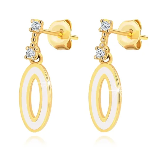Zlaté náušnice 9K ovál s bielou glazúrou a zirkónmi