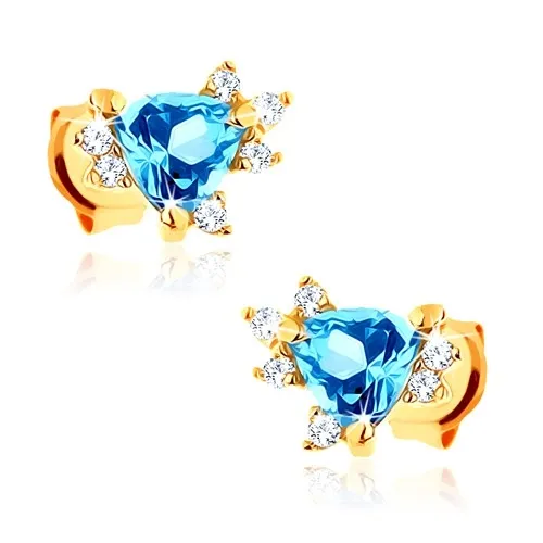 Zlaté náušnice 14K trojuholník s modrým topásom a čírymi zirkónmi