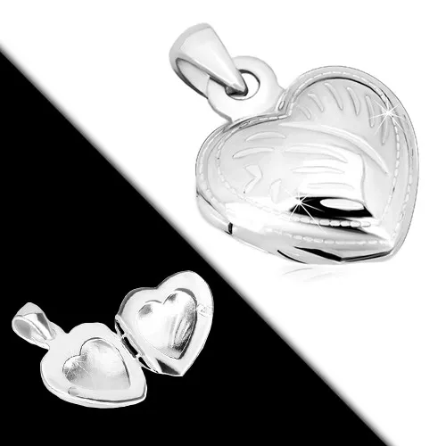 Strieborný 925 prívesok - medailón, súmerné srdiečko s ozdobnými zárezmi