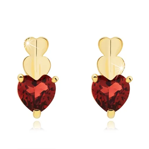 Zlaté náušnice 9K s červeným granátom a motívom sŕdc