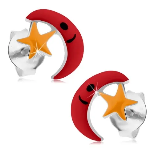 Náušnice zo striebra 925, červený mesiac, žltá hviezda, glazúra, puzetky