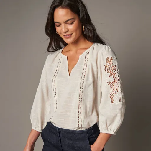 Blúzka so 7/8 rukávmi a ažúrovou výšivkou