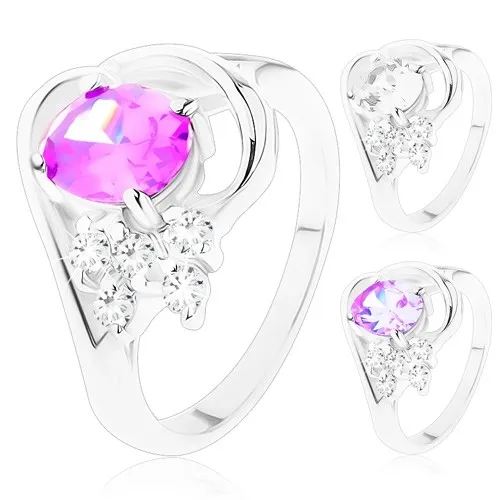 Prsteň so zahnutými ramenami, veľký oválny zirkón, lesklý oblúk, číre zirkóniky - Veľkosť: 50 mm, Farba: Svetlofialová