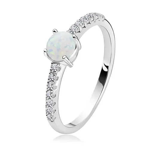 Strieborný 925 prsteň - biely syntetický opál s odleskami, číre zirkóny - Veľkosť: 47 mm