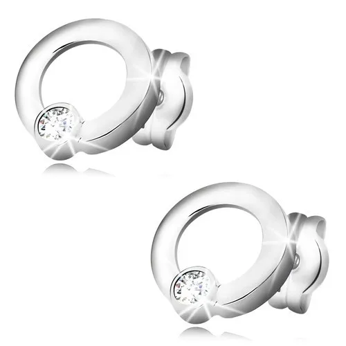 Náušnice v bielom zlate 585 - lesklé krúžky, ligotavý okrúhly zirkón, puzetky