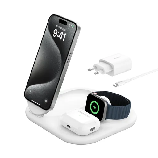 Belkin BOOST CHARGE ™ Qi2 15W 3v1 Magnetický nabíjací stojan, skladacia, biela
