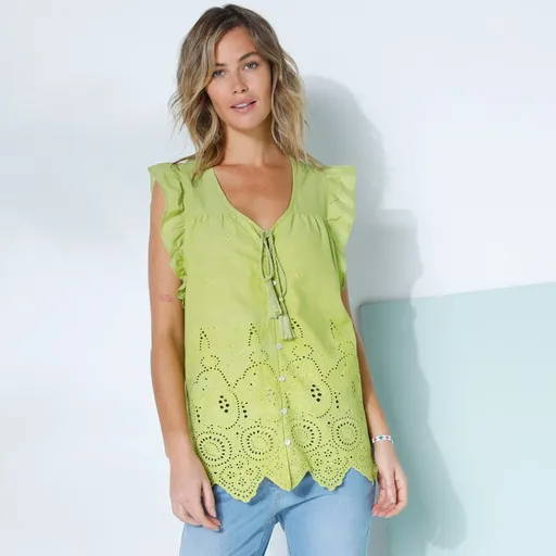 Madeirová blúzka s výstrihom do V,  bez rukávov