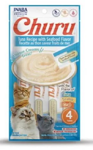 Maškrta pre mačky Inaba Churu Pyré cat Tuniak s morskými plodmi 4tuby, 56g