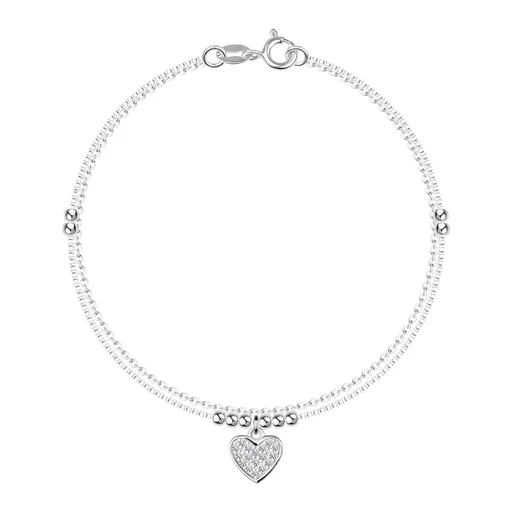 Dvojitý strieborný 925 náramok - srdce s čírymi zirkónmi, guličky