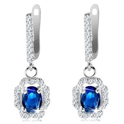 Náušnice zo striebra 925, oválny tmavomodrý zirkón, zvlnená číra obruba