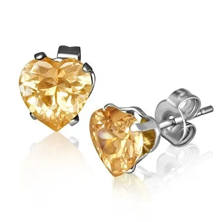 Trblietavé srdiečkové náušnice z ocele, veľký žlto-oranžový zirkón