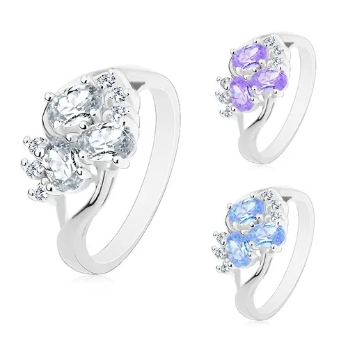 Prsteň s rozdelenými ramenami striebornej farby, číre zirkóniky, brúsené ovály - Veľkosť: 54 mm, Farba: Svetlofialová