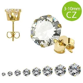 Náušnice z chirurgickej ocele s čírym okrúhlym zirkónom, zlaté prevedenie - Veľkosť zirkónu: 10 mm