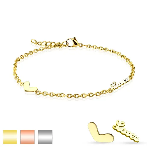 Náramok z chirurgickej ocele, prívesky - srdiečko a zamilovaný nápis, oválne očká - Farba: Medená