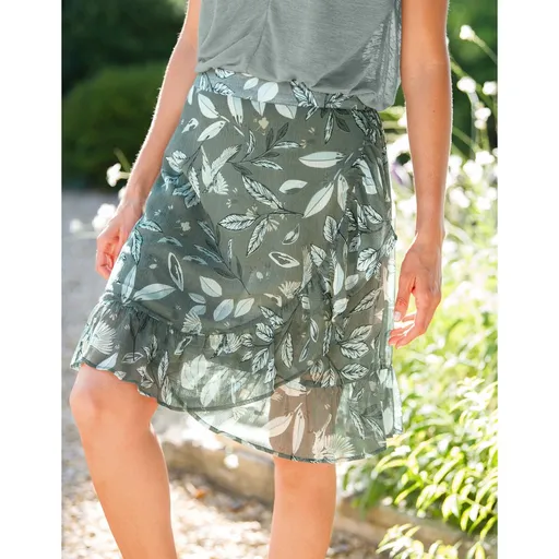 Sukňa so zavinovacím efektom, s volánom a potlačou