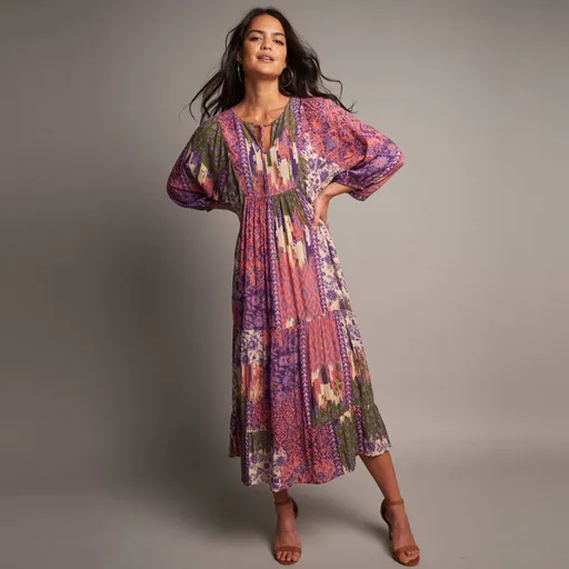 Krepónové midi šaty s 3/4 rukávy a potlačou