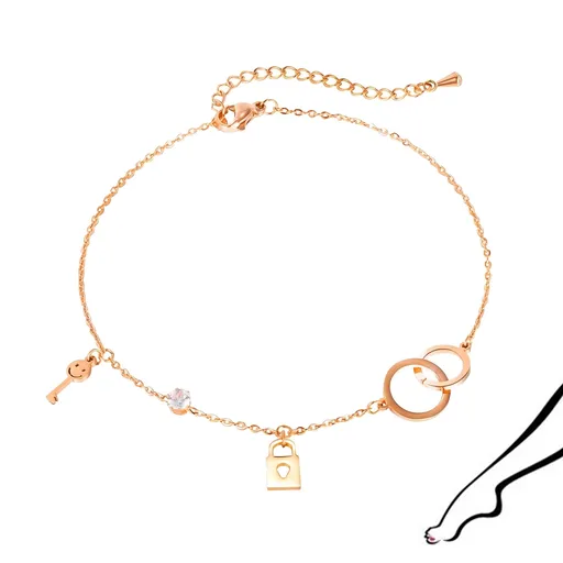 Oceľový náramok na členok alebo ruku, medená farba - spojené prstence, kladka, kľúč a zirkón