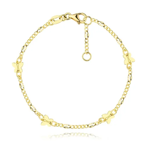 Náramok zo žltého zlata 585 - siluety motýľov, hladké a lúčovito zdobené očká