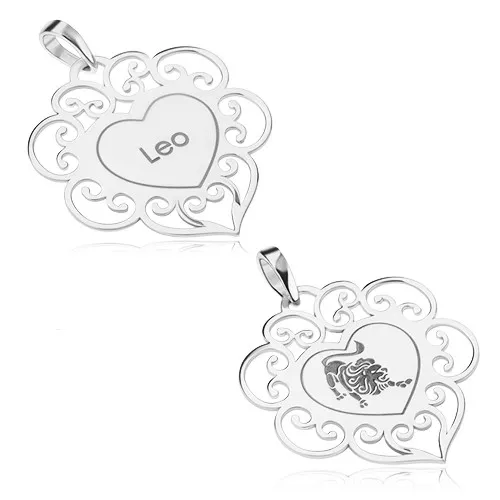 Strieborný 925 prívesok, ploché srdiečko s ornamentami, znamenie LEV
