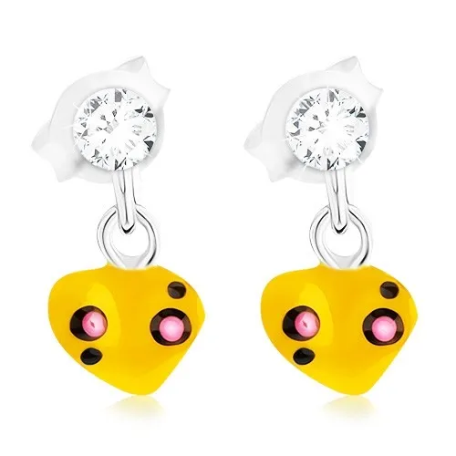 Strieborné náušnice 925 so Swarovského krištáľom, srdiečko s lesklou glazúrou