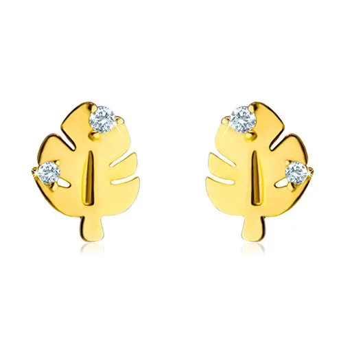 Diamantové náušnice zo zlata 585 - lesklý list Monstera so zárezmi a stopkou, dva číre brilianty