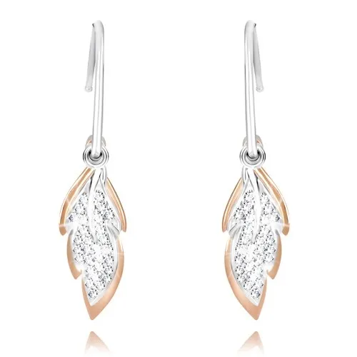 Strieborné náušnice 925 - úzky polkruh, ligotavý list, list ružovozlatej farby