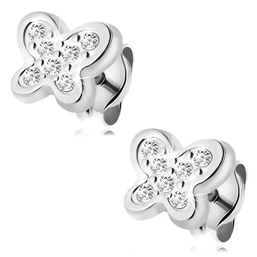 Zlaté 14K náušnice - biele zlato, ligotavý motýlik zdobený drobnými čírymi zirkónmi