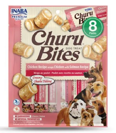 Maškrta pre psy Inaba Churu Bites dog Kura s lososom 8túb, 96g