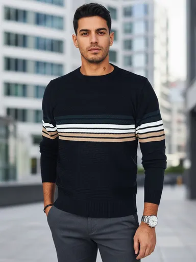 Pánsky tmavomodrý pruhovaný sveter Dstreet WX2323