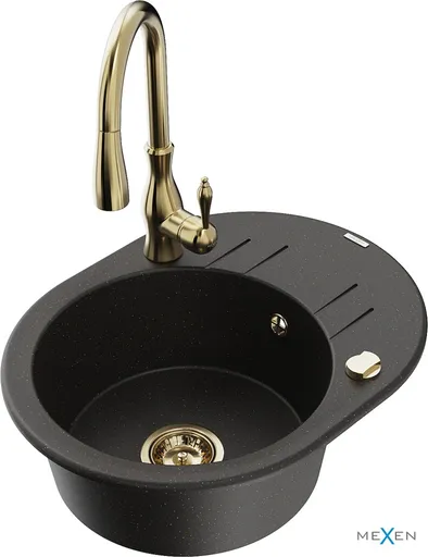 MEXEN/S MEXEN/S - Kevin granitový drez 1 s odkvapkávačom vrátane batérie Savita, čierna/zlatá metalik 6517-75-672601-50