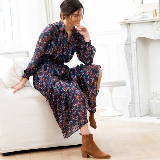 Dlhé voálové šaty s potlačou a metalickými vláknami