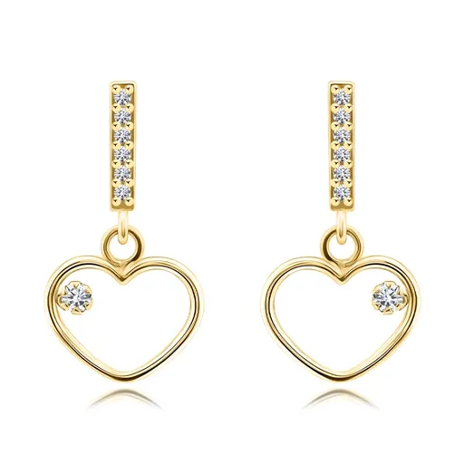 Zlaté náušnice 14K s líniou zirkónov a srdcom