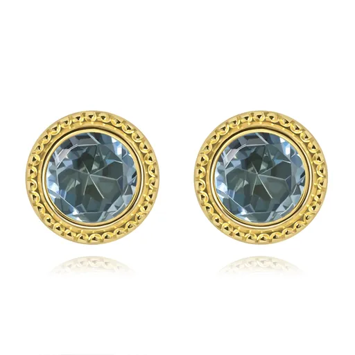Zlaté náušnice 9K so syntetickým akvamarínom v ozdobnom leme