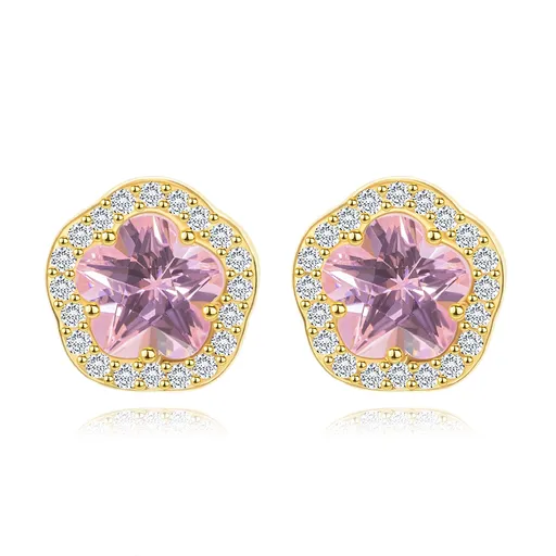 Náušnice zo žltého 14K zlata - ligotavý ružovo-číry zirkónový kvet