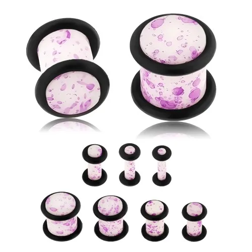 Plug do ucha, akryl, biely povrch s fialovými škvrnami, čierne gumičky - Hrúbka: 10 mm