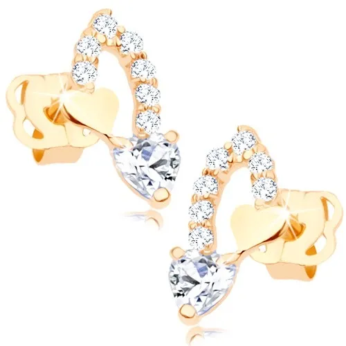 Zlaté 14K náušnice dve srdcia v segmente zrnka