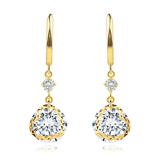 Náušnice zo žltého 14K zlata - kruhy, číre zirkóny, tvarované srdiečko