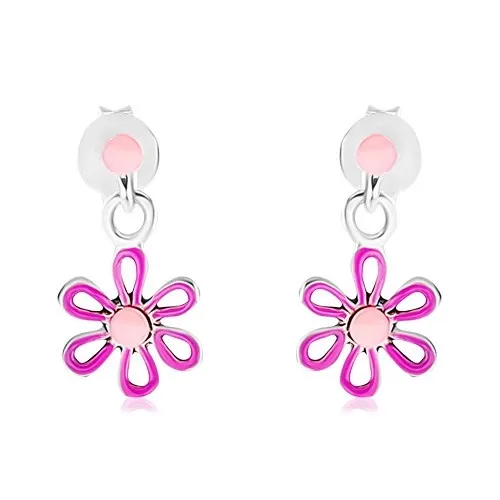 Náušnice zo striebra 925, fialovo-ružový kvietok s glazúrou, puzetky