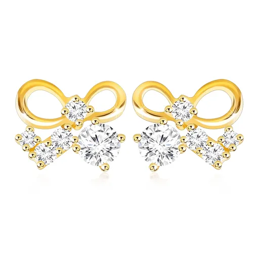 Puzetové náušnice v žltom 9K zlate - lesklá mašlička, číre zirkóny