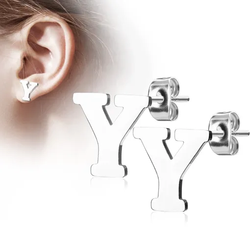 Oceľové náušnice striebornej farby - veľké tlačené písmeno Y, vysoký lesk