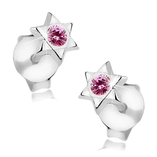 Strieborné náušnice 925, lesklá Dávidova hviezda, ružový krištáľ Swarovski