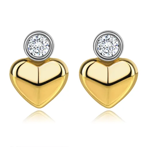 Puzetové náušnice z kombinovaného 14K zlata - srdce, skosené ramená, zirkón