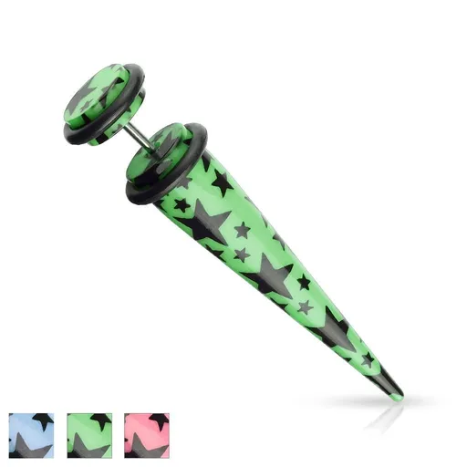 Akrylový fake taper s potlačou čiernych hviezdičiek, čierne gumičky - Farba piercing: Modrá