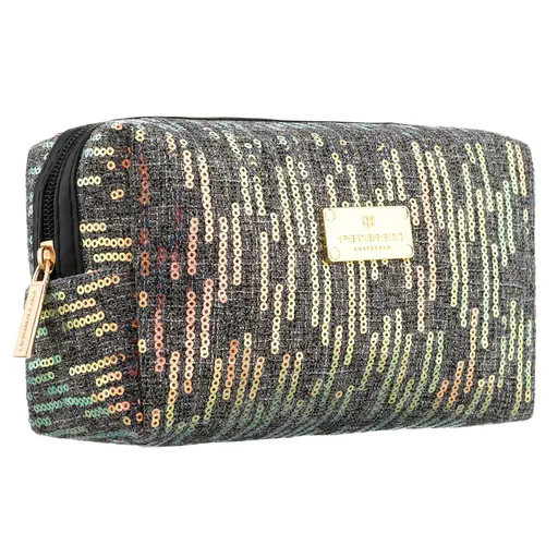 Čierna dámska kozmetická taštička z polyesteru s flitrami